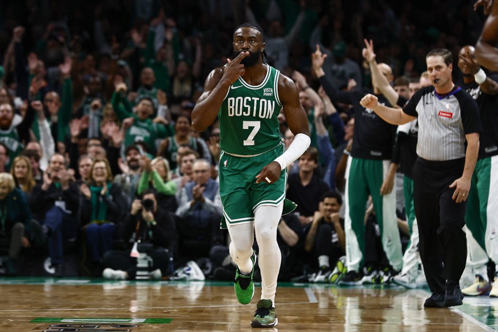 Jaylen Brown of the Boston Celtics blows a kiss after making a 3-point basket against the Miami Heat, and we're offering our Celtics vs. Heat player props and expert picks based on the best NBA odds.