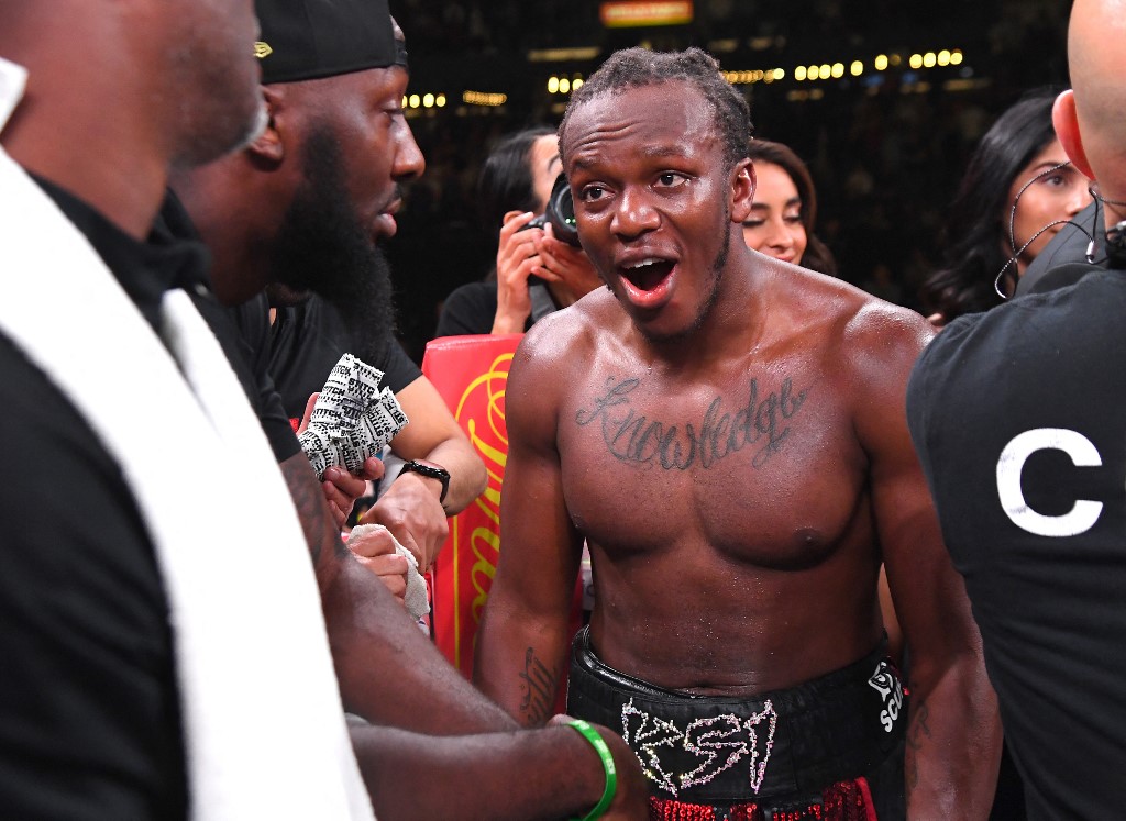 KSI (black/red shorts) reacts after it was announced he defeated Logan Paul as we look at our bet365 bonus code for KSI-Fury