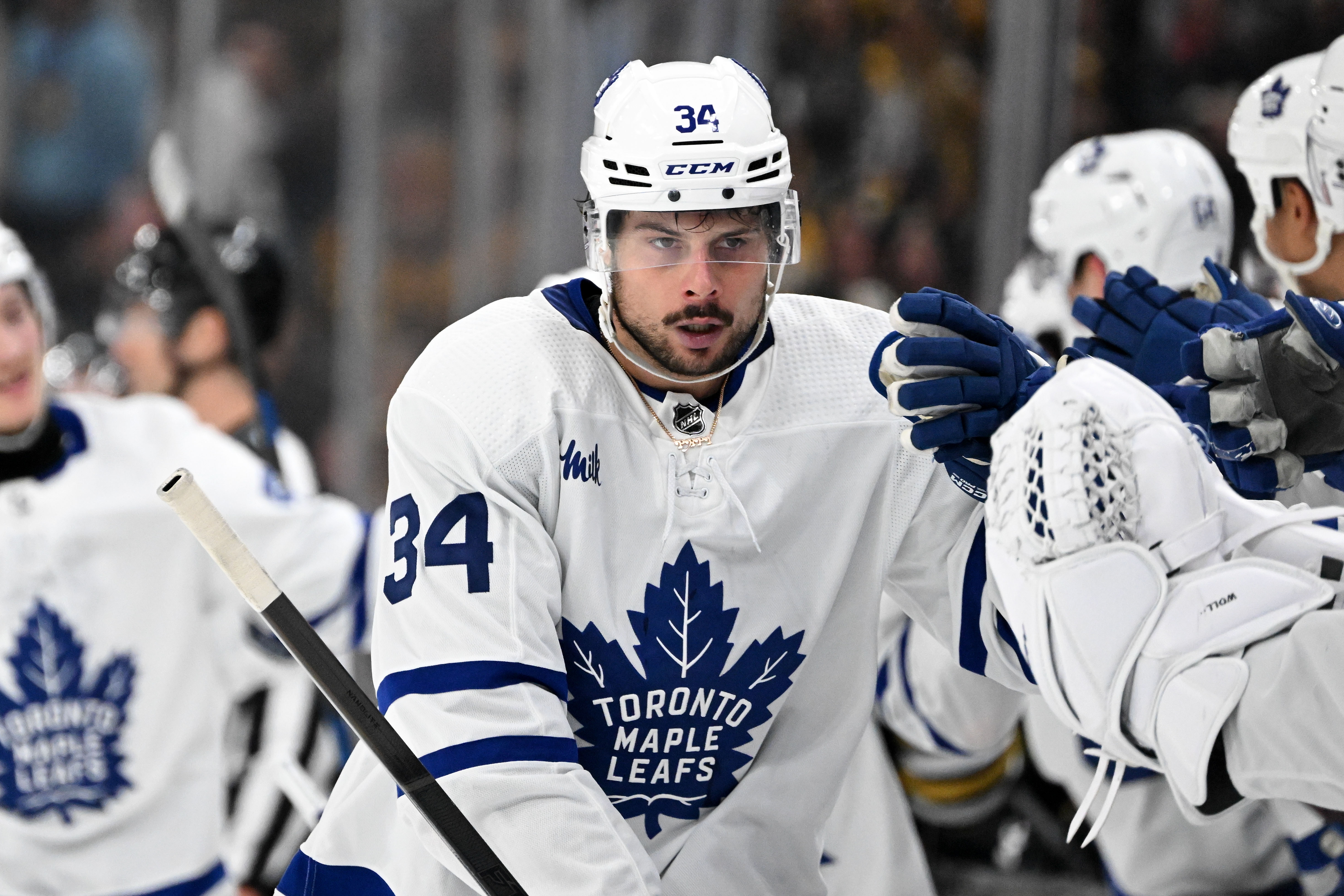 Toronto Maple Leafs center Auston Matthews celebrates with his teammates after scoring a goal as we take a look at the 2024-25 Rocket Richard odds favorites.