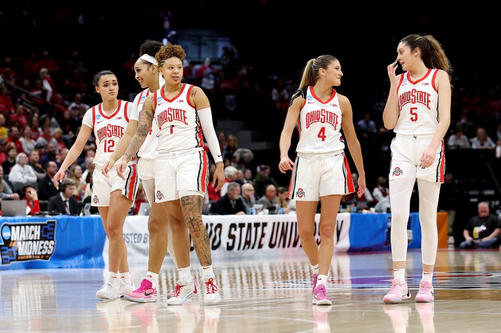 Celeste Taylor #12 of the Ohio State Buckeyes, Taiyier Parks, Rikki Harris, Jacy Sheldon, and Emma Shumate walk up the court as we look at the sportsbook financials for the Buckeye State in March 2024