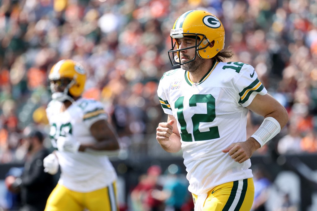Aaron Rodgers #12 of the Green Bay Packers takes the field before the game against the Cincinnati Bengals at Paul Brown Stadium on Oct. 10, 2021.