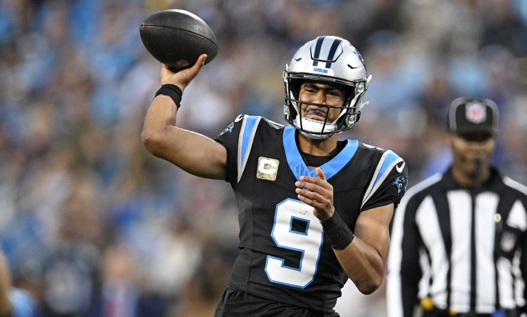 Bryce Young of the Carolina Panthers throws a pass during the second quarter as we look at our NFL upset picks for Week 15.
