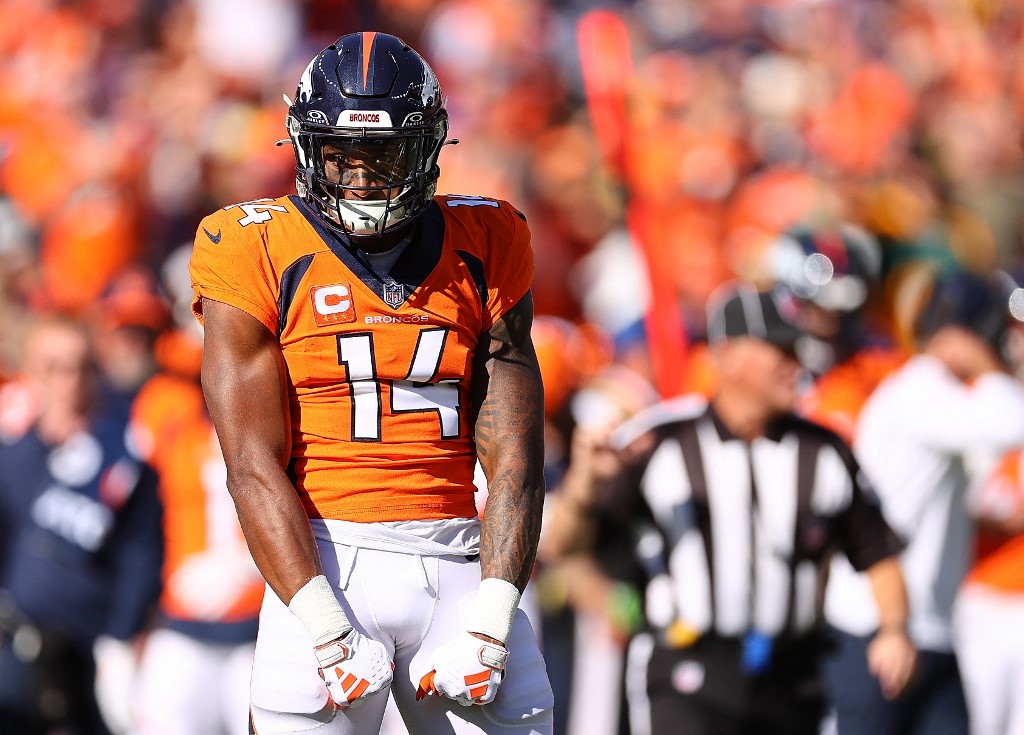 Courtland Sutton of the Denver Broncos reacts after a reception in the first quarter of the game against the Green Bay Packers, and we offer new U.S. bettors our exclusive Caesars promo code for Patriots vs. Broncos.