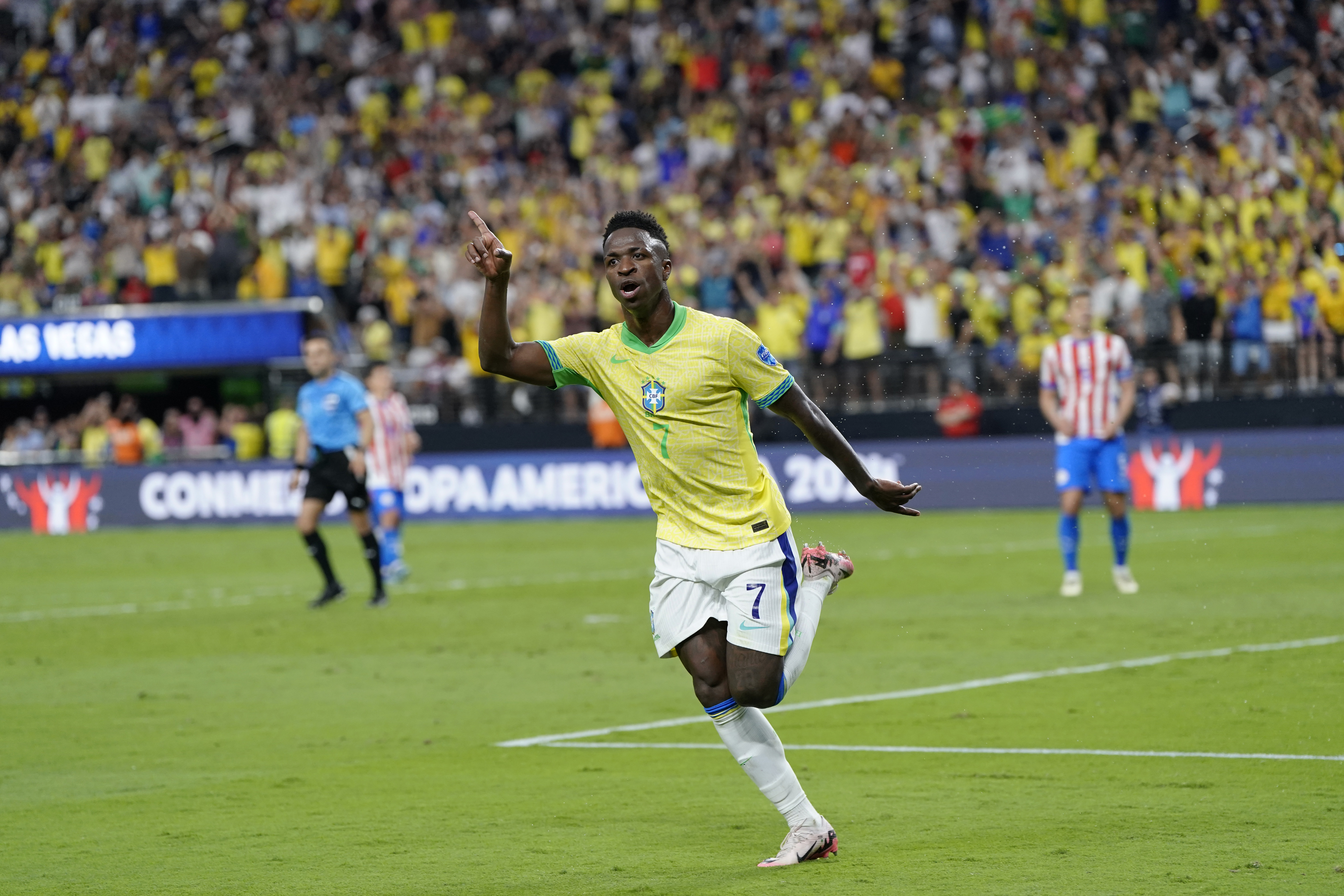 Brazil forward Vinicius Junior reacts after scoring a goal against Paraguay during the first half at Allegiant Stadium as we profile the best bets for Brazil vs. Colombia.
