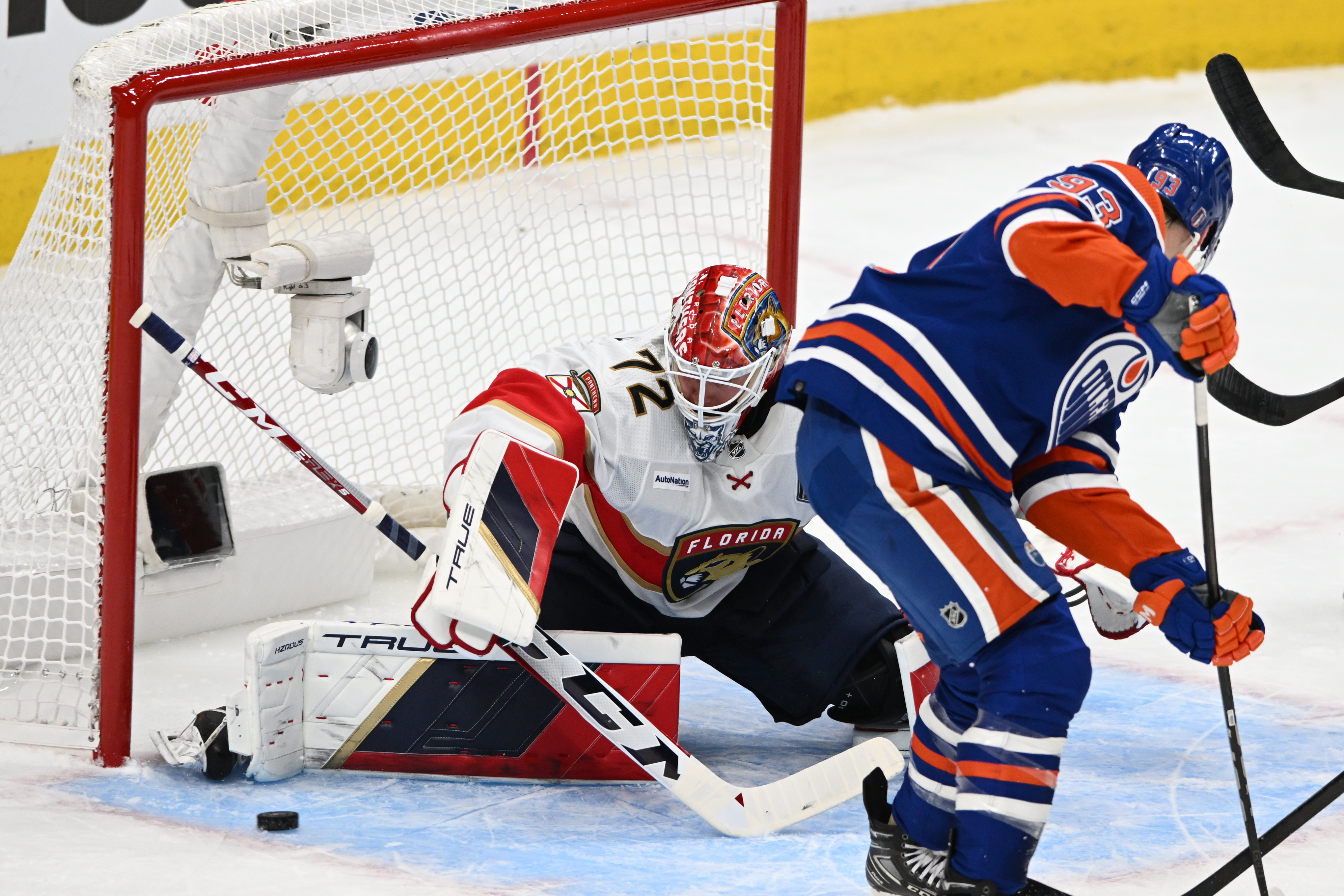 Florida Panthers goaltender Sergei Bobrovsky protects the goal in the third period against the Edmonton Oilers in Game 3 as we look ahead and make our best prediction for Tuesday's Game 5 of the Stanley Cup Final between the Panthers and Oilers. 