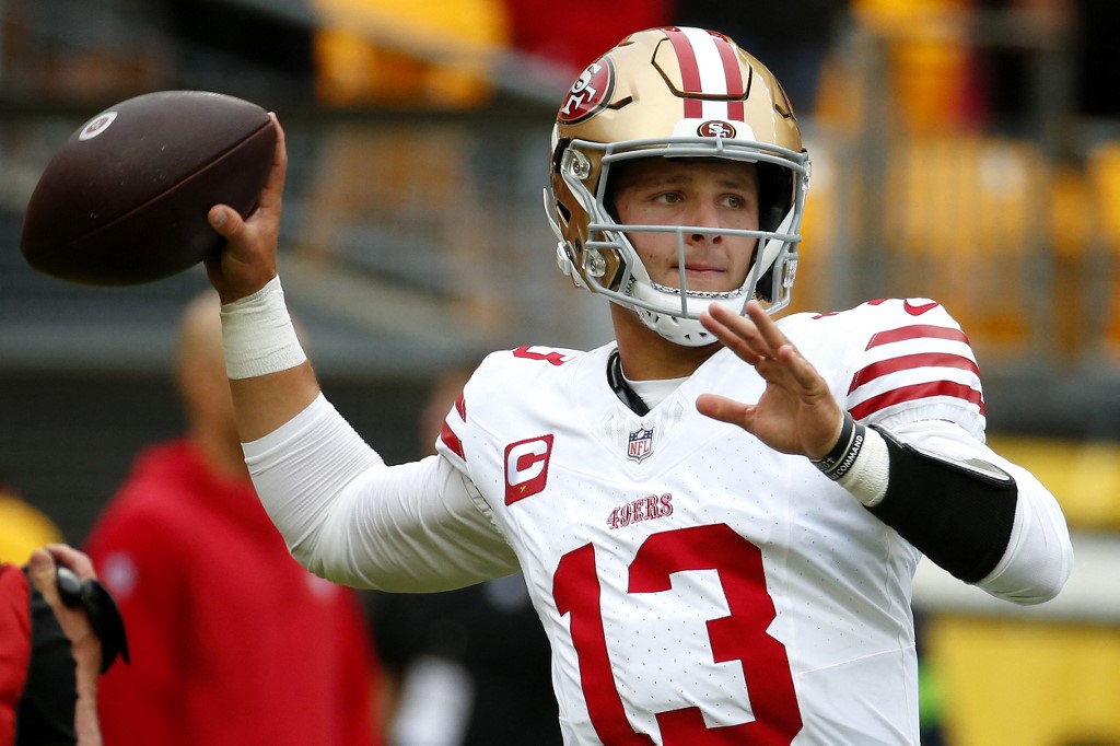 Brock Purdy of the San Francisco 49ers warms up prior to a game against the Pittsburgh Steelers at Acrisure Stadium as we look at our Brock Purdy player props.