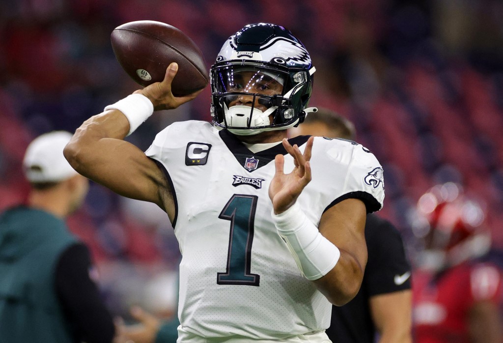 Jalen Hurts of the Philadelphia Eagles warms up before a game against the Houston Texans.