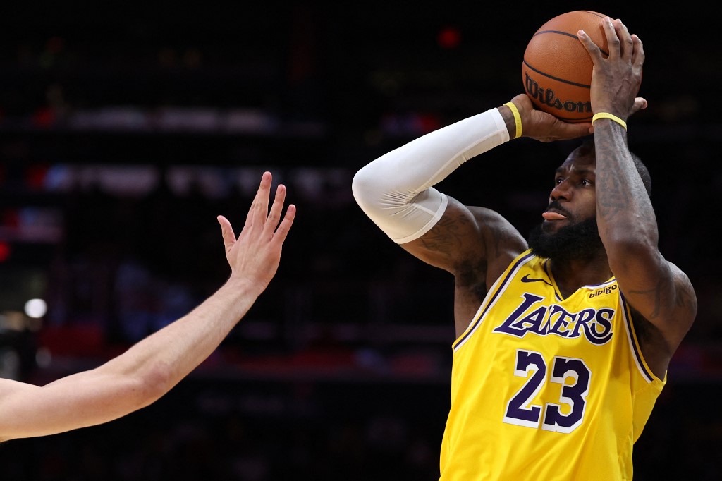 LeBron James of the Los Angeles Lakers shoots against the Washington Wizards during the second half at Capital One Arena in Washington, DC. The Lakers lead the NBA Play-In Tournament odds.
